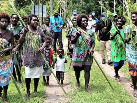 villagers walk carrying branches